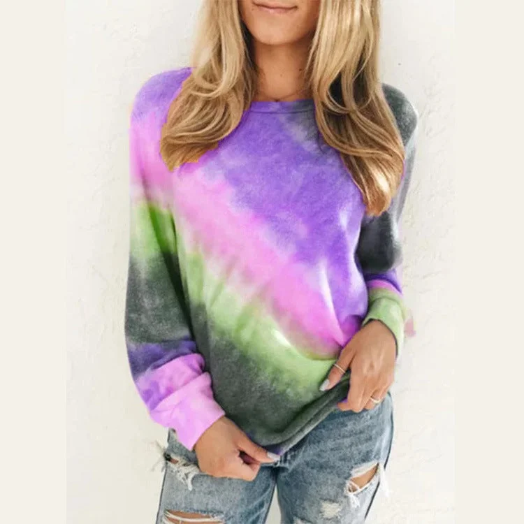 Value Deals Fashion Tie Dye Rainbow Casual Long Sleeve T-shirt for Women