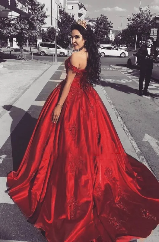Markdowns Ball Gown Off The Shoulder Red Satin Prom Dresses,DS4605