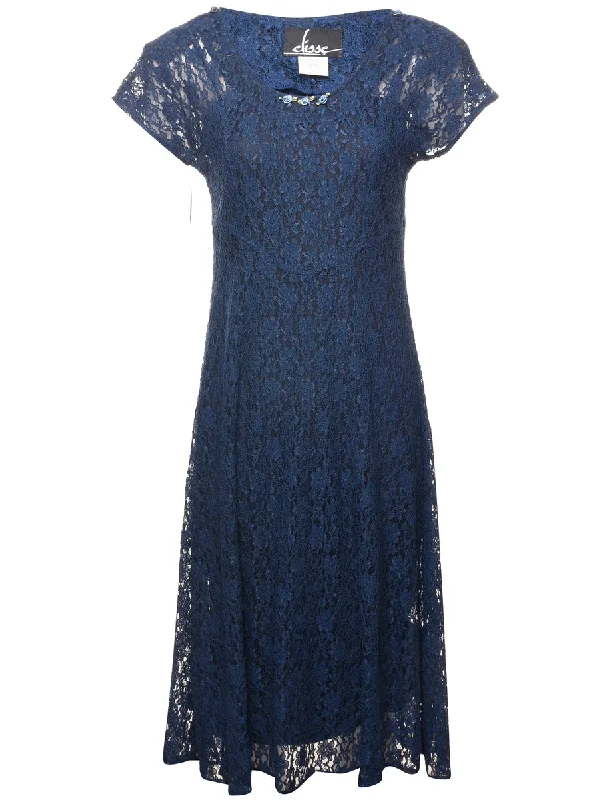 1980s Navy Floral Lace Evening Dress - M