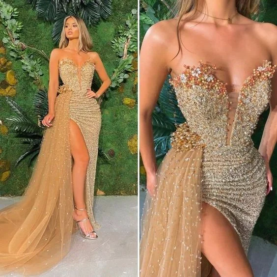 flowy dressLuxury Gold Champagne Long Evening Dress,EQ9658