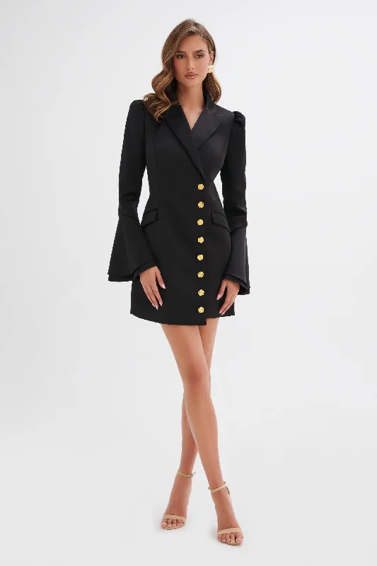 vintage dressARABELLA Flared Sleeve Gold Rose Button Mini Blazer Dress in Black