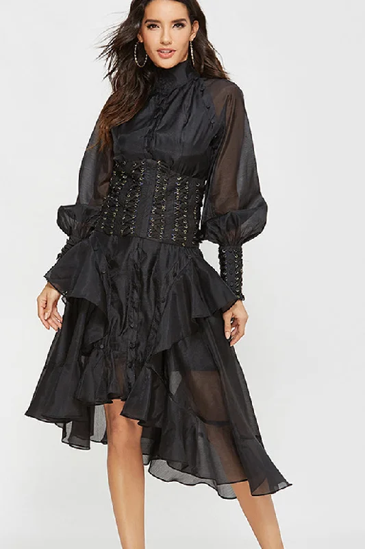 Closeout Sale Puff Sleeve Waist Bandage Ruffle Asymmetrical Dress