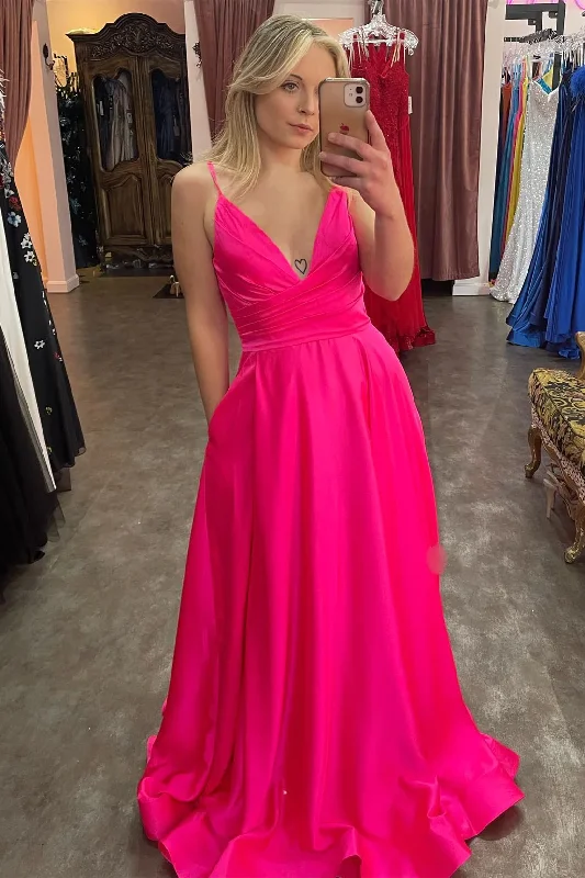 casual dressFuchsia Plunging V Neck Straps A-line Satin Long Prom Dress with Slit,DP012