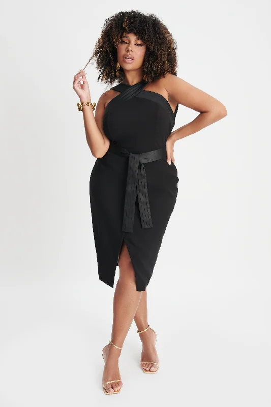 comfy maxi dressISLA Curve Satin Mix Cross Over Midi Dress In Black