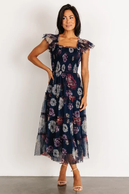 elegant shift dressClementine Tulle Midi Dress | Navy Floral