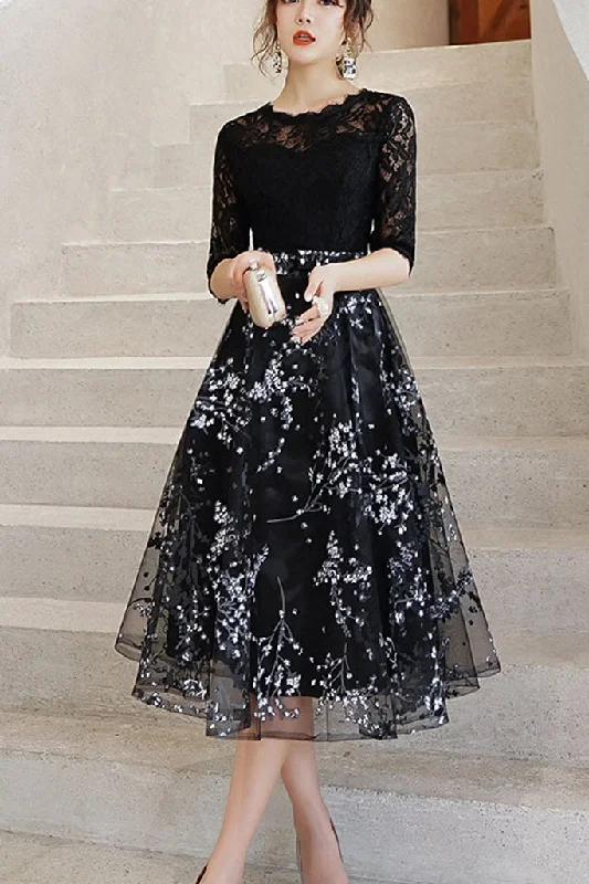 Early Access Half Sleeve Lace Top Contrast Midi Dress - Black S in Clearance