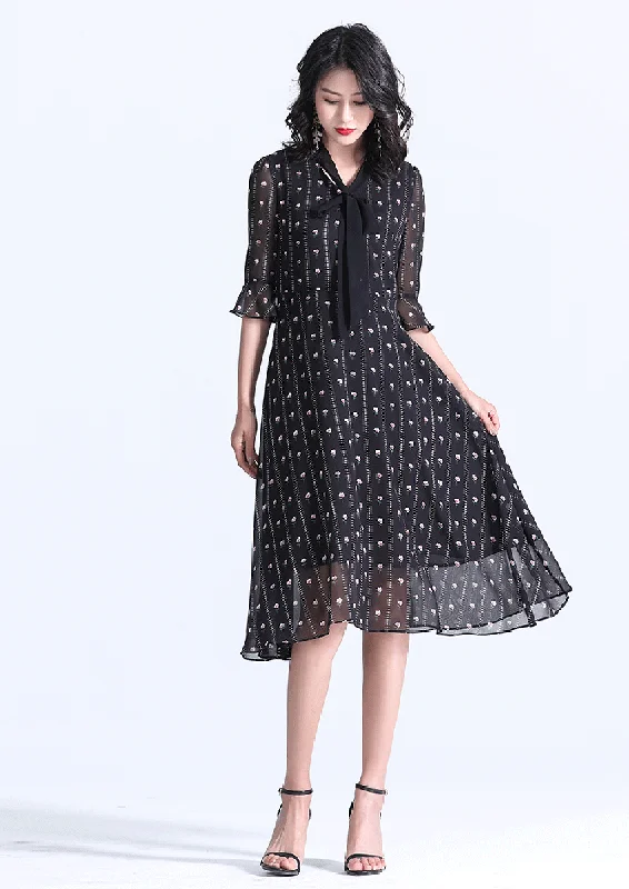 Weekend Special TWO PEARS-Ruffle Sleeve Tie Neck Fit & Flare Dress