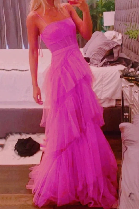 Weekend Special A Line Hot Pink New Arrival Spaghetti Straps Floor Length Prom Dress With Ruffles ,DS4564