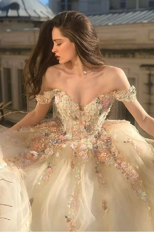 Can't Miss Gorgeous Off Shoulder Champagne Lace Floral Prom Dress, Long 3D Flower Champagne Formal Evening Dress, Champagne Ball Gown,DS4350