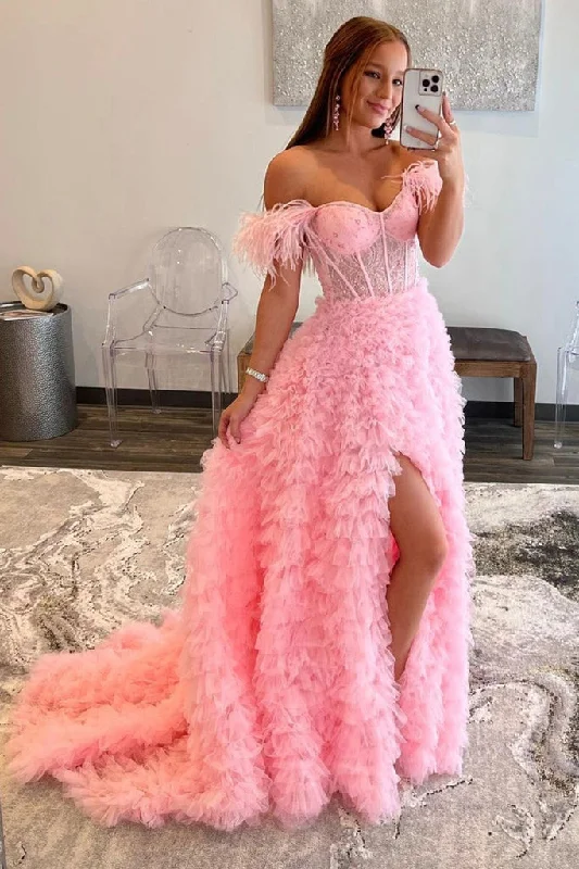 Super Sale Off Shoulder Ruffle Pink Long Prom Dress with Train, Off the Shoulder Pink Formal Evening Dress with High Slit,DS4595