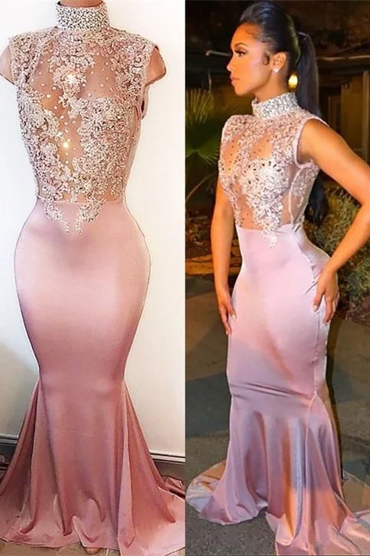 Don’t Miss Out Chic Dusty Pink High Neck Mermaid Prom Dress Sleeveless With Appliques,DS4674