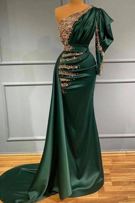 Deep Discounts Charming One Puffy Sleeves Mermaid Evening Prom Dress with Shiny Golf Pearls Crystals Embellishment,DS3721