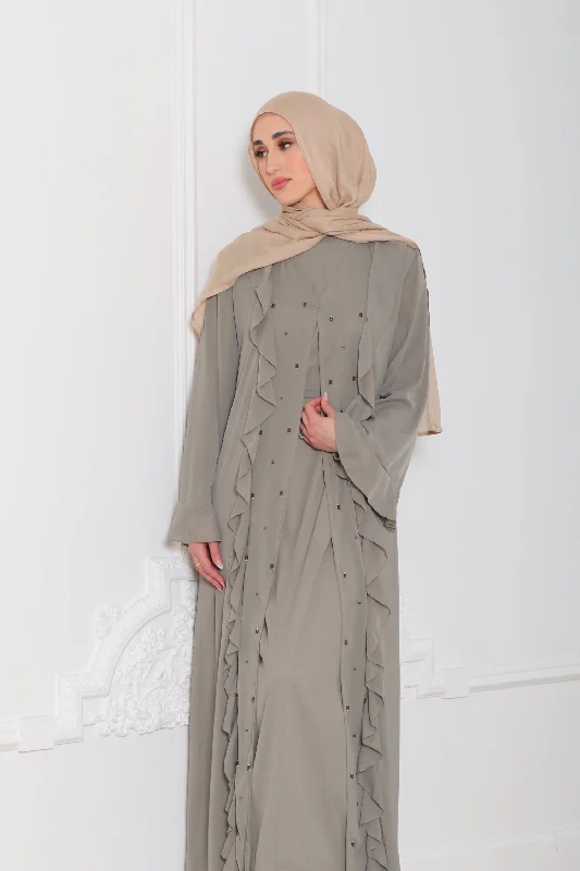 Super Bargain Lamya Beaded Chiffon Abaya Set- Desert Sage