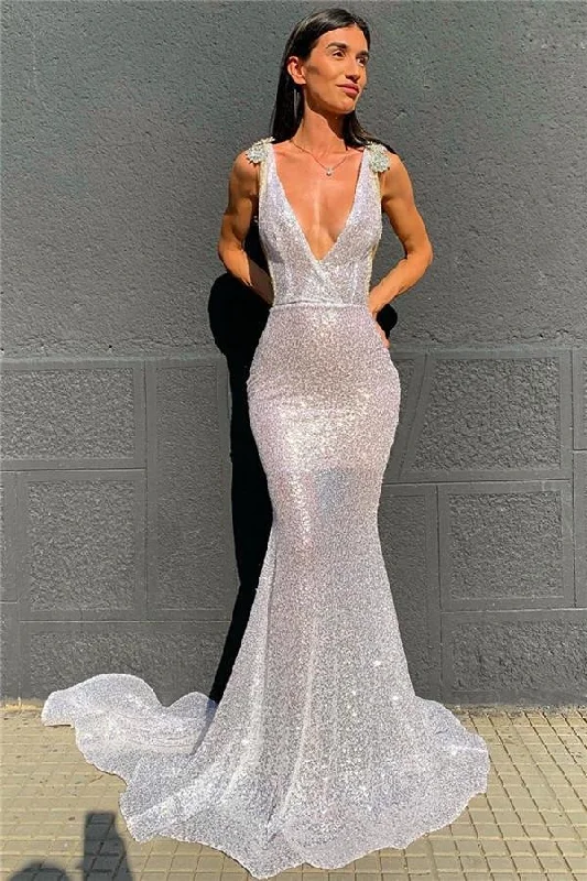 Buy More, Save More Chic Deep V-Neck Silver Sequins Prom Dress Mermaid Open Back,DS4675