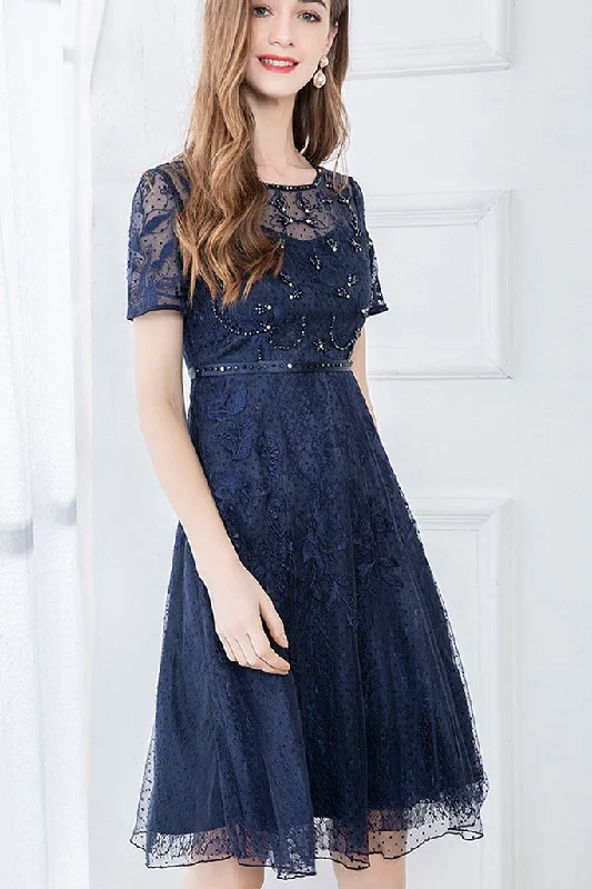 Blowout Sale Short Sleeve Beaded Lace A-line Dress - M in Clearance