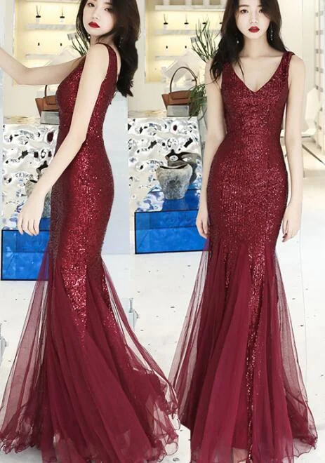 trendy mini dressWine Red Sequins With Tulle Mermaid Party Gown, Burgundy Prom Dress .DS3043