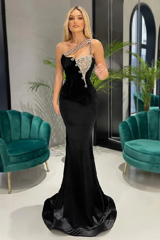 Limited Quantity Gorgeous One Shoulder Black Mermaid Prom Dress Long With Crytsal,F04768