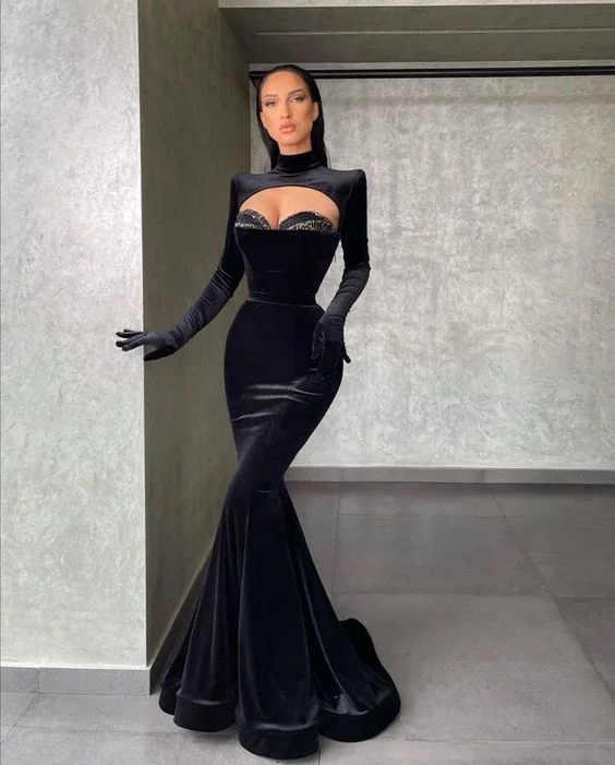 off-shoulder dressVelvet long sleeves prom dress evening gown,EQ9653