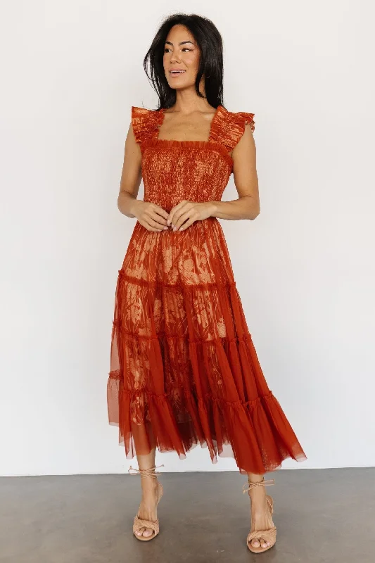 trendy bodycon dressCora Smocked Tulle Dress | Rust Floral