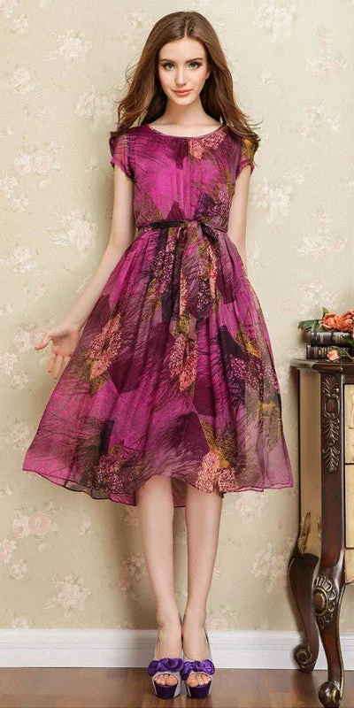 Closeout Printed Silk Pleated and Flare Dress