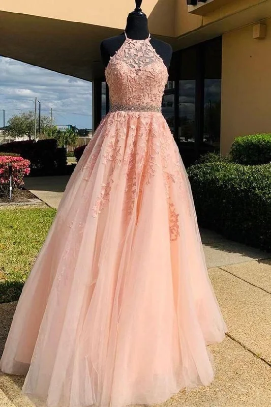 Quick Sale halter A-line pink tulle and lace appliques long prom dress,DS4084