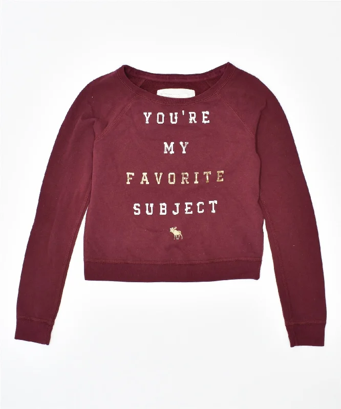 trendy hooded sweatshirtABERCROMBIE & FITCH Womens Graphic Sweatshirt Jumper UK 6 XS Maroon Cotton