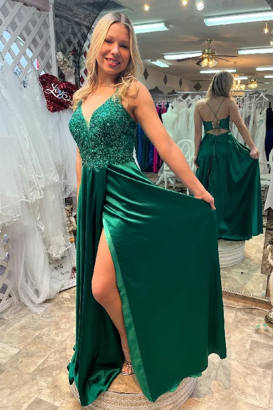 casual slip dressDark Green V Neck Lace-Up Back Beaded Appliques Long Prom Dress with Slit,DP020