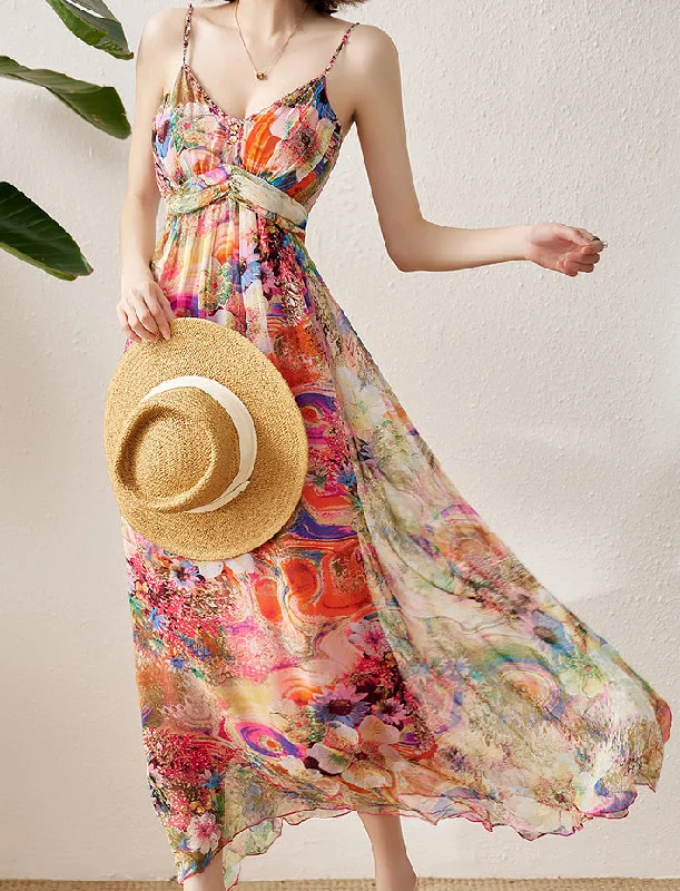 Deal of the Day Silk Dress Floral Print Spaghetti Strap Dress