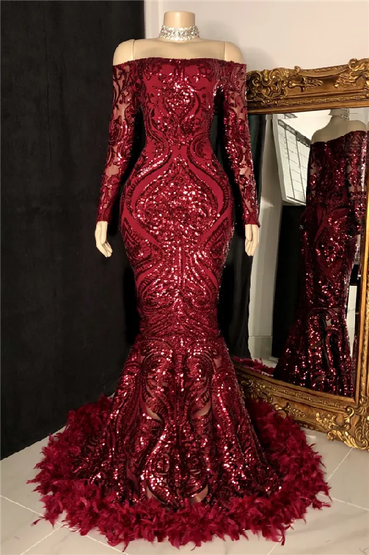 Major Savings Gorgeous Burgundy Long Sleeves Sequins Prom Dress Mermaid Party Gowns With Feather,DS4671