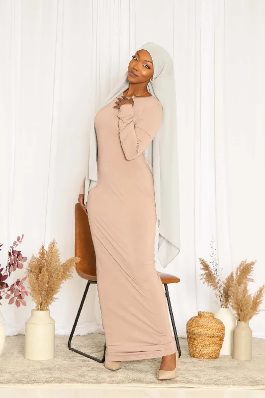Low Prices Taupe Plain Fitted Spandex Maxi Dress