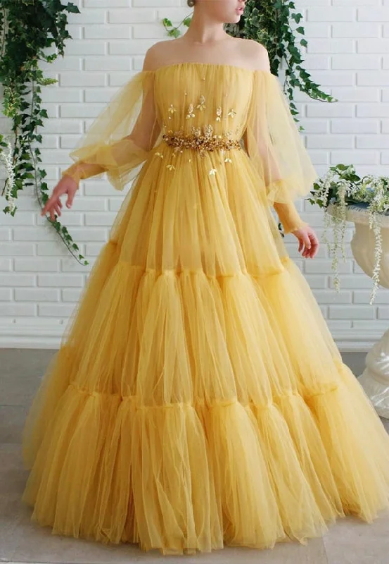 New Markdowns Yellow tulle long prom dress evening dress,DS4339
