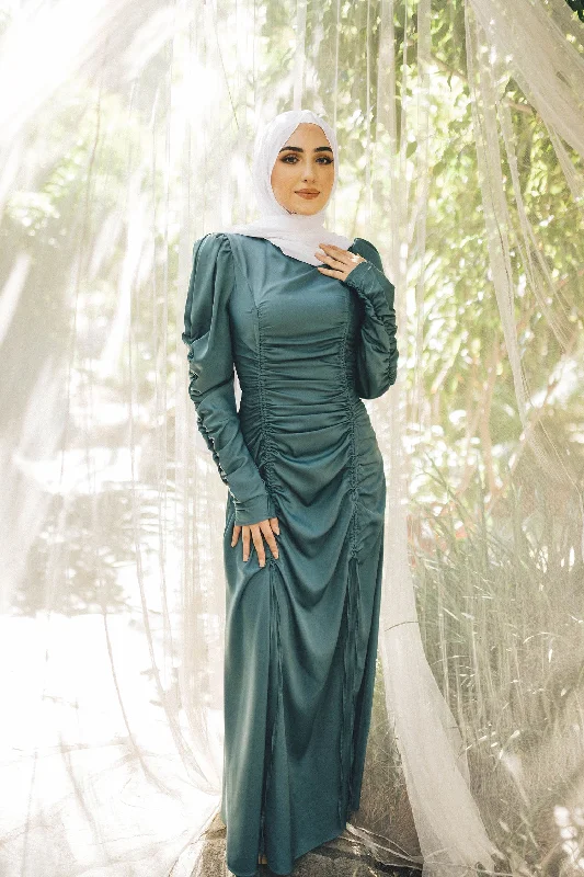 Price Blitz Luna Ruched Satin Dress- Teal