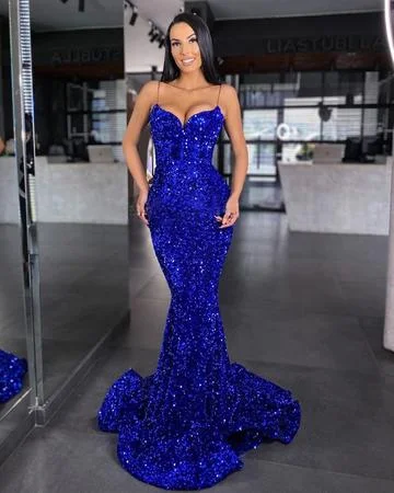 trendy mini dressSweetheart Mermaid Style Royal Blue Sequins Velvet Long Dresses Formal Evening Gown ,DS2747