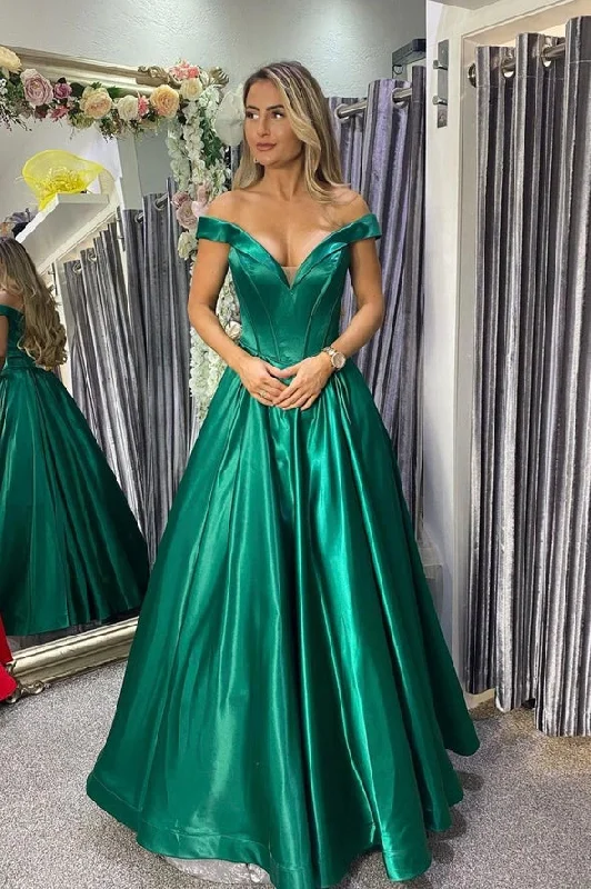 Discount Mania Green satin long prom dress A line evening gown,DS3853