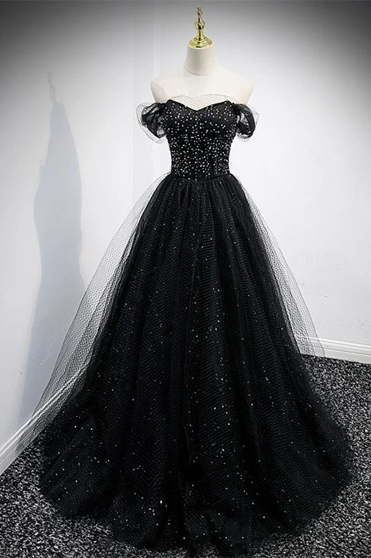 party dressBlack Off the Shoulder Tulle Formal Gown,DS3474