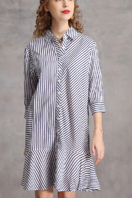 Major Savings Three Quarter Sleeve Button Down Ruffle Hem Shift Dress