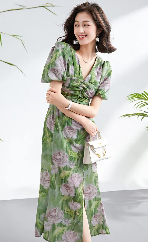YEAR-End Clearance Temperament Senior Sense V-neck Flower Print Puffy Sleeve Dress
