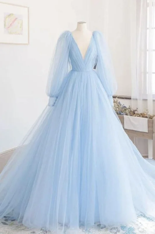 Discount Deals Cute v neck tulle long A line prom dress evening dress,DS4092