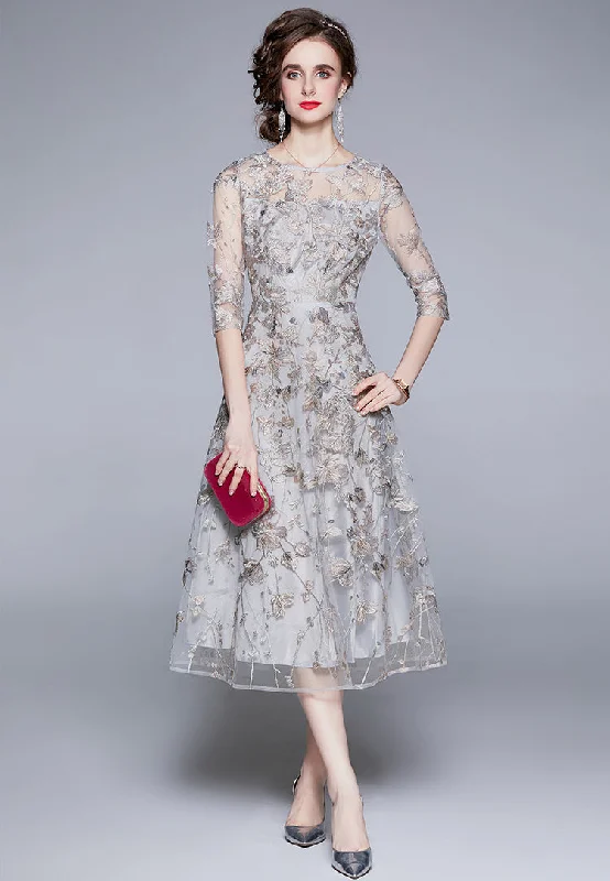 Huge Discounts Summer temperament elegant dress mesh embroidery party dress