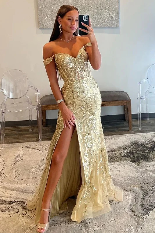 satin dressGold Sequin Lace Off the Shoulder Mermaid Prom Dress,DP0190