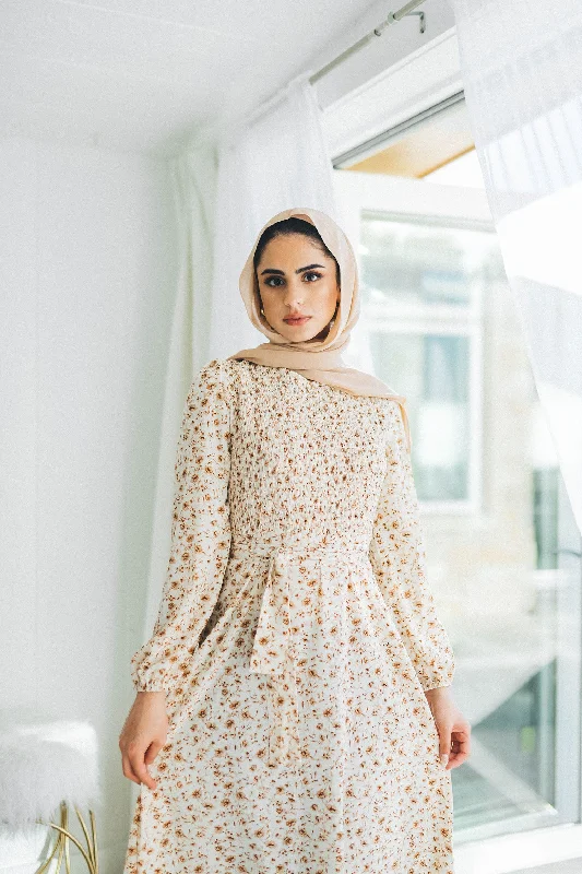 Price Drop Alert Raven Floral Shirred Dress- Cream