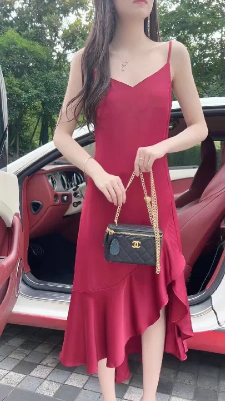 Can't Miss Women's Sweetheart Neck Adjustable Spaghetti Strap with slilk Evening Dress Ruffled High Low Hem Sheath Party Dress