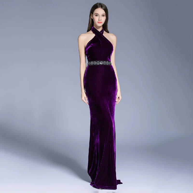 Overstock Zona Halter Neck Backless Velvet Maxi Dress