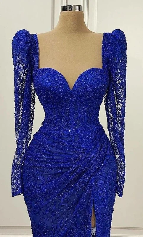 stylish party dressRoyal Blue Vintage Prom Dress Long Sleeves Evening Dress,DS5015