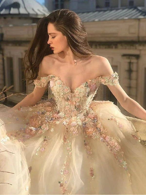 Exclusive Preview Gorgeous Off Shoulder Long Champagne Lace Floral Prom Dresses, Off Shoulder Champagne Formal Dresses, Floral Evening Dresses,DS4363