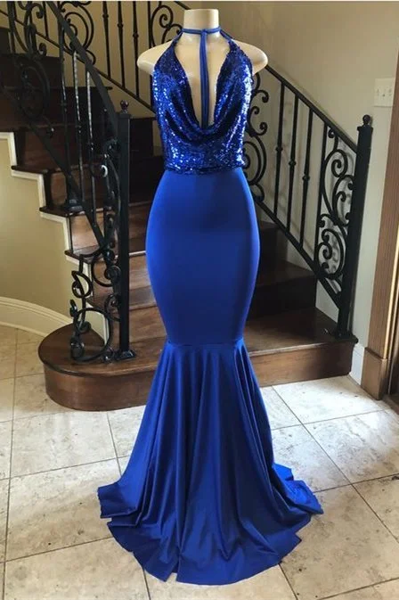 Reduced Prices Gorgeous Royal Blue Sequins Mermaid Prom Dress Sleeveless,DS4667