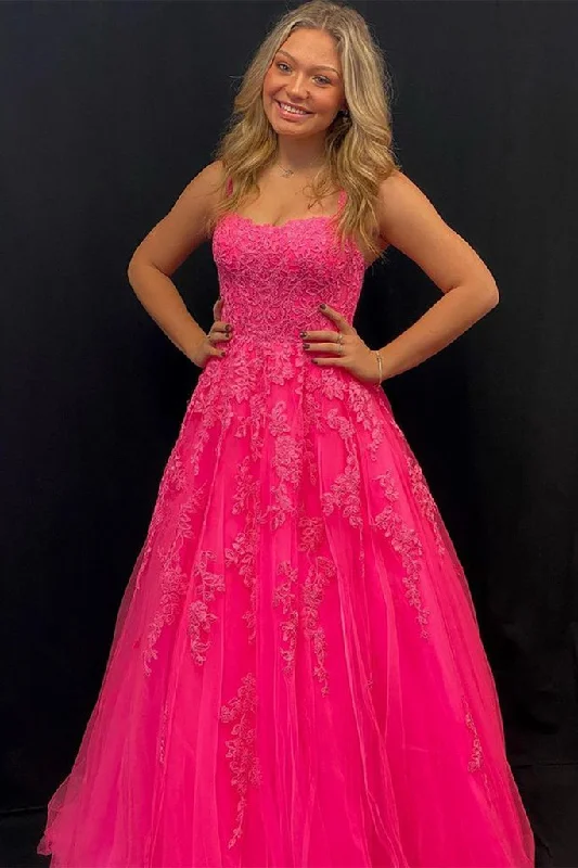 Special Discount Open Back Hot Pink Lace Long Prom Dress with Appliques, Hot Pink Lace Formal Graduation Evening Dress,DS4596