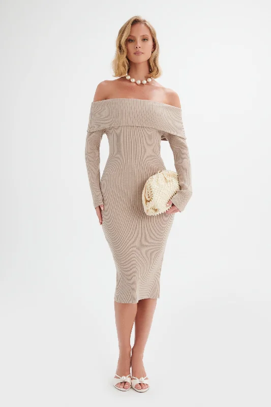 comfy dressSUNDAY Knitted Rib Bardot Midi Dress In Beige