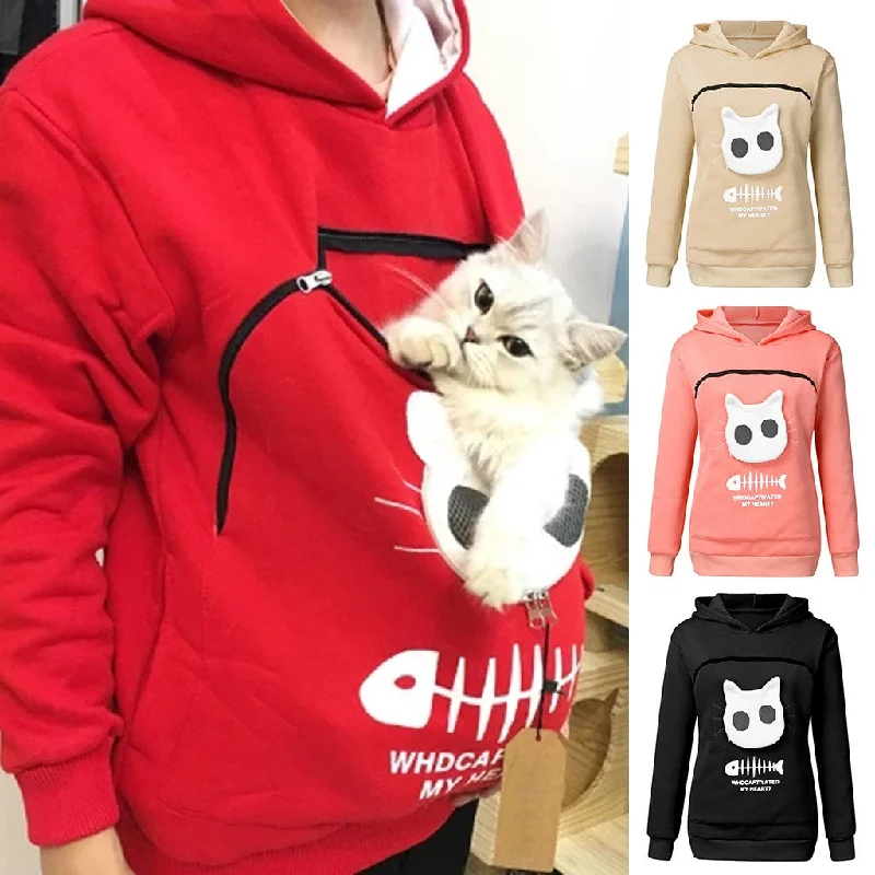 Overstock Women Hoodie Sweatshirt With Cat Pet Pocket Design Long Sleeve Sweater Cat Outfit