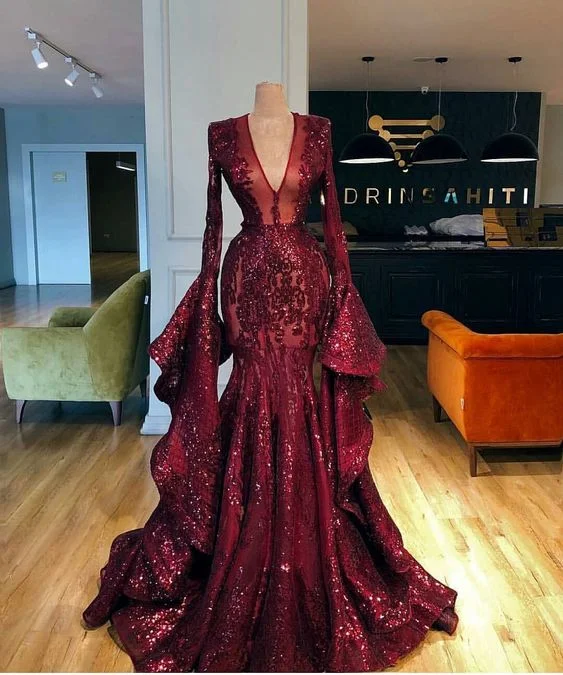 shift dresslong sleeve prom dresses, sequins evening dresses, lace prom dresses, mermaid evening dresses, burgundy prom dresses,DS5042